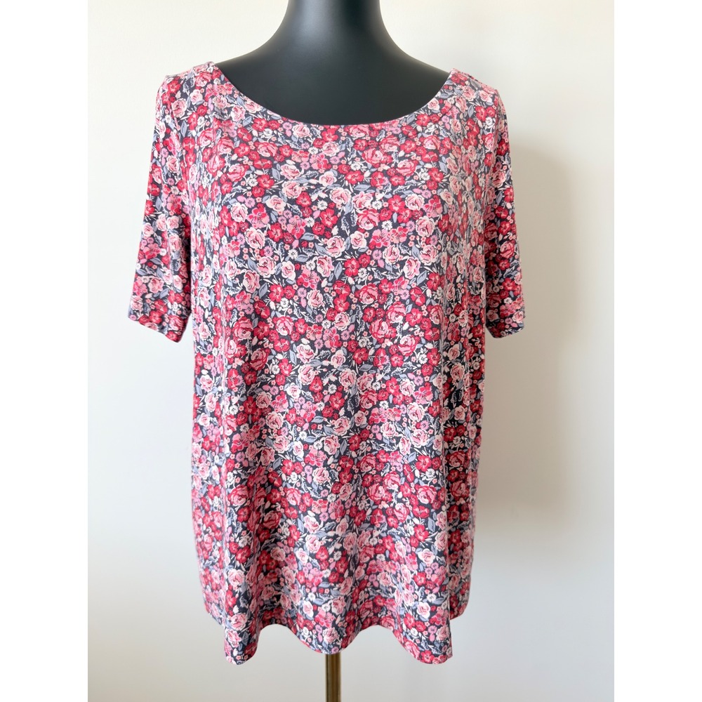 J. Jill Wearever Pink Red Floral V-Back Pleated Short Sleeve Top Medium Petite